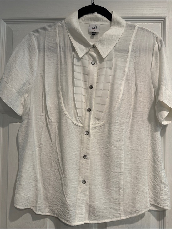 CAbi Tops - CAbi White Short Sleeve Button-Front Shirt with Pleated Inset